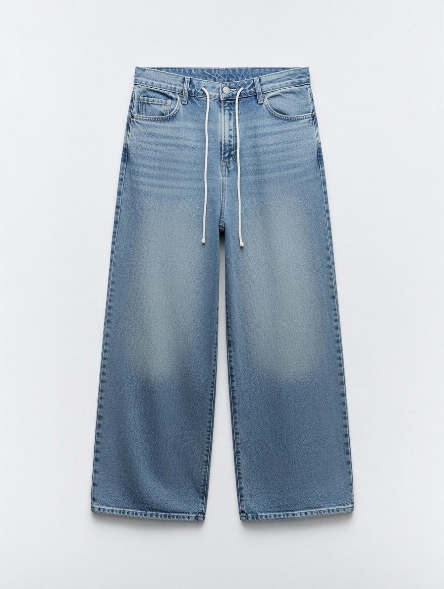 Drawstring Wide Leg Jeans Blue - Women's
