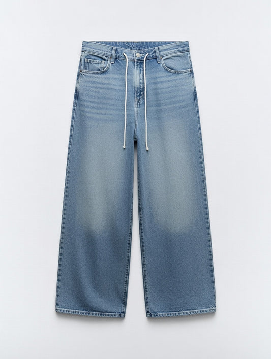 Drawstring Wide Leg Jeans Blue - Women's