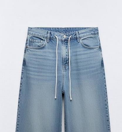 Drawstring Wide Leg Jeans Blue - Women's