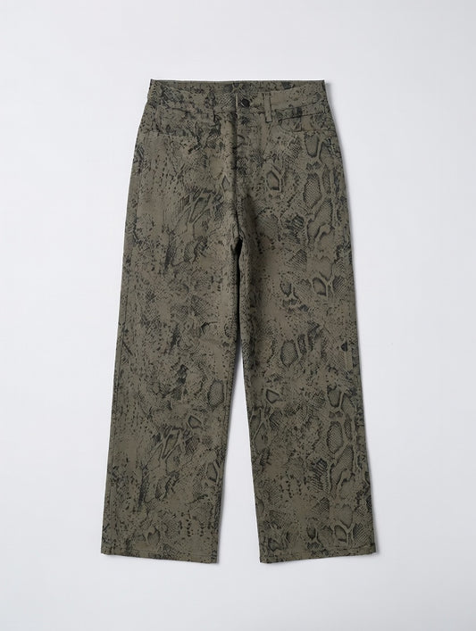 Snake Print Wide Leg Pants Green - Women's