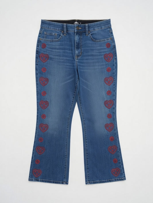 Heart Embroidered Flare Jeans Blue - Women's