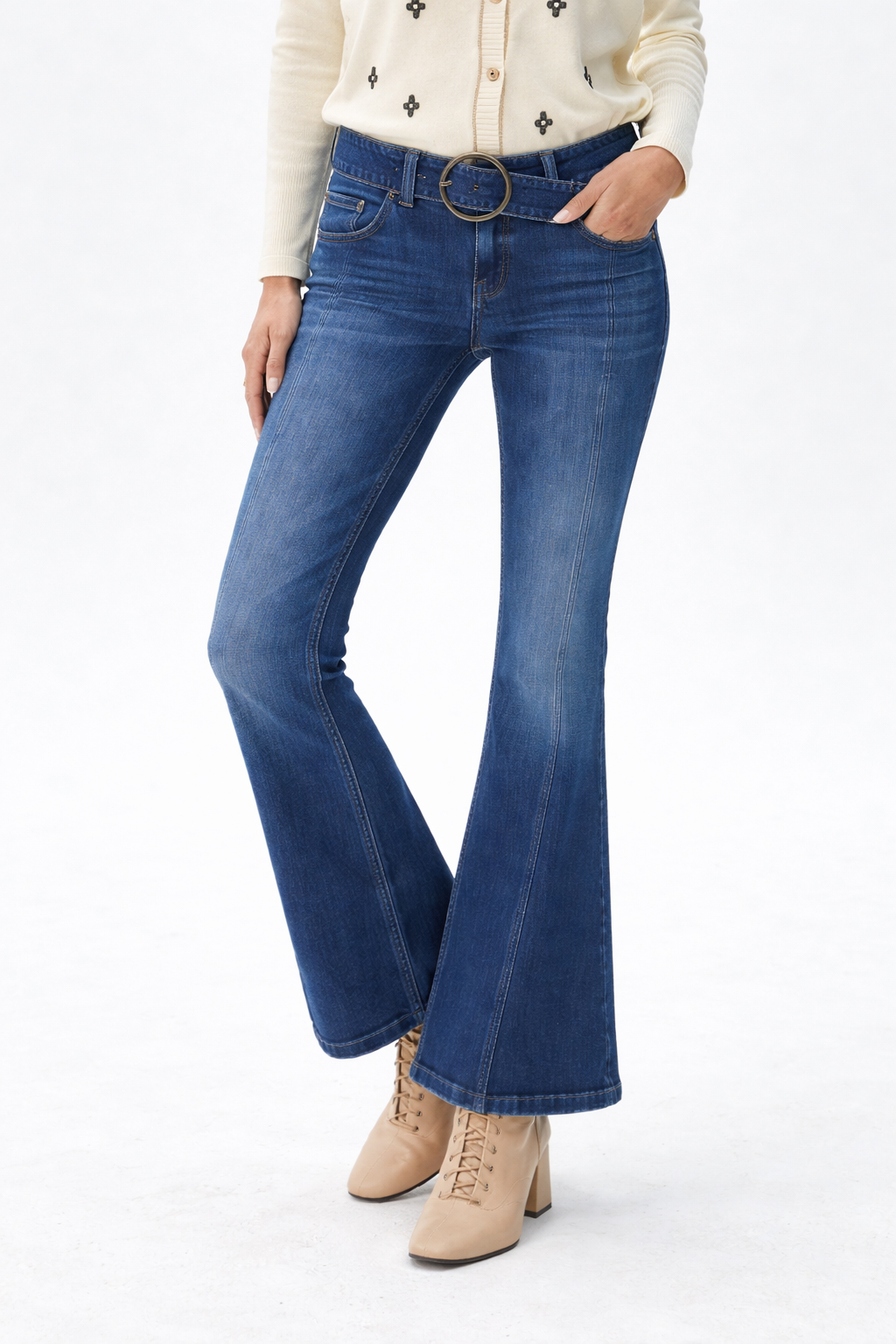 Women’s Dark Indigo Belted Flare Jeans