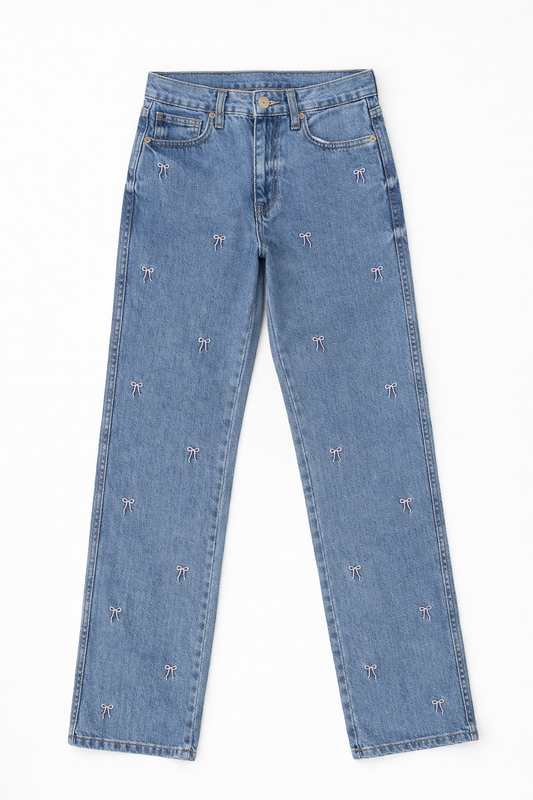 Bow Embroidered Jeans Blue - Women's