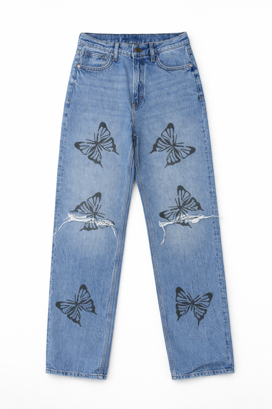 Butterfly Print Wide Leg Jeans Blue - Women's