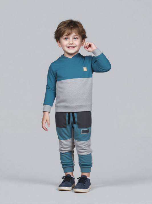 Teal & Gray Kids Hoodie and Trousers Set