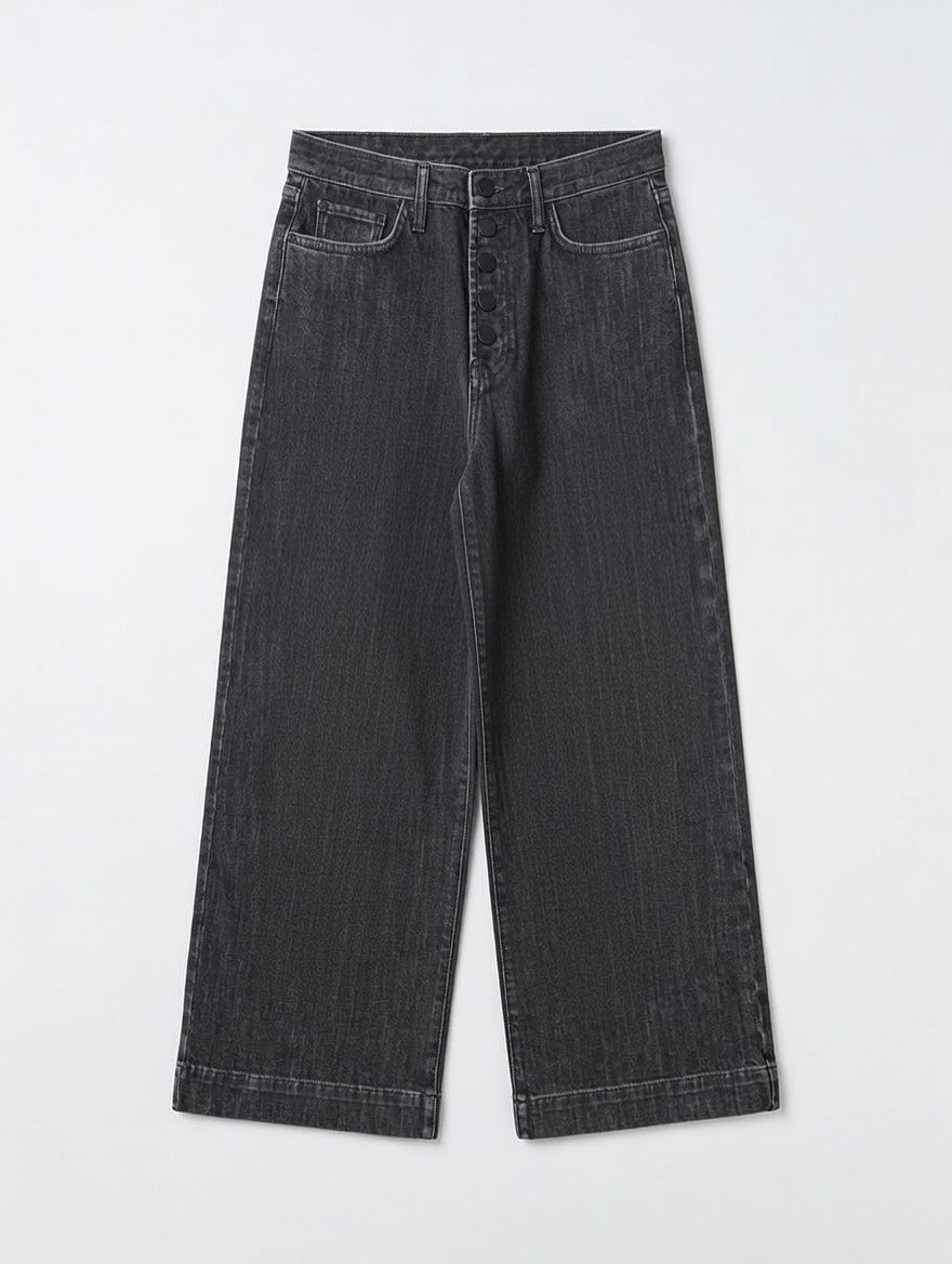 Button-Front Wide Leg Jeans Black - Women's