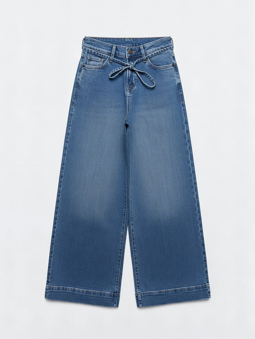 Tie-Waist Wide Leg Jeans Blue - Women's