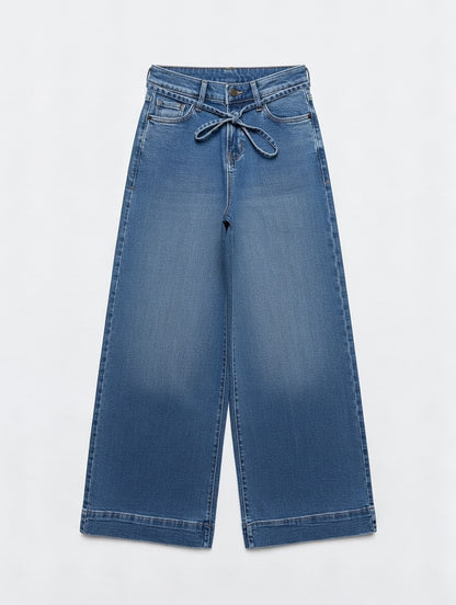 Tie-Waist Wide Leg Jeans Blue - Women's