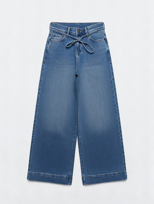 Tie-Waist Wide Leg Jeans Blue - Women's