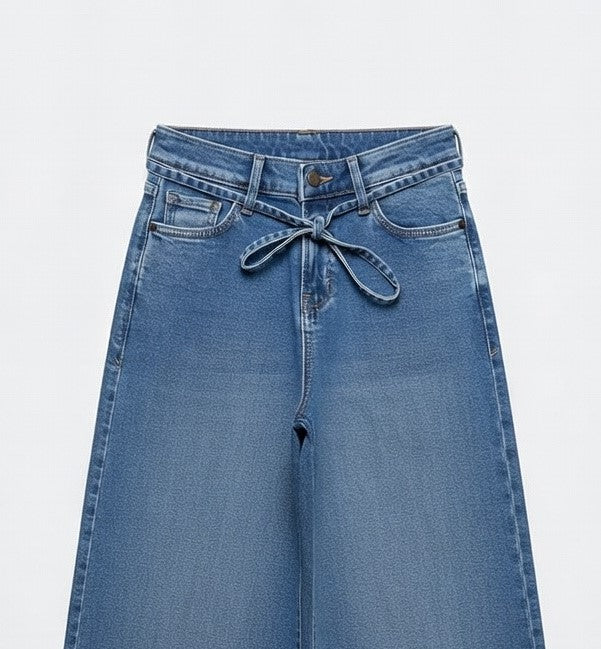 Tie-Waist Wide Leg Jeans Blue - Women's