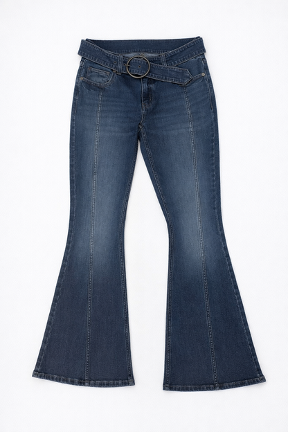 Women’s Dark Indigo Belted Flare Jeans